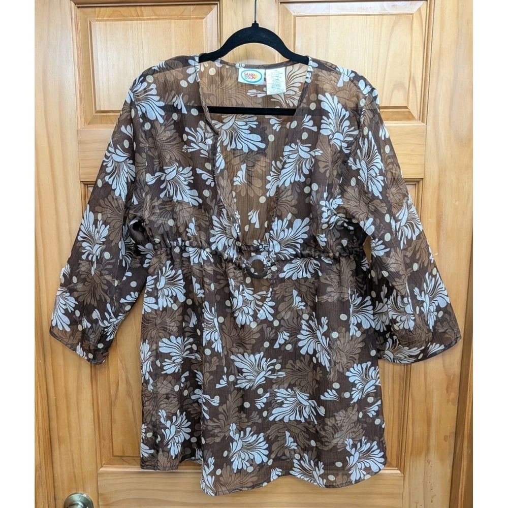 Sand Sun Women's Large 3/4 Sleeves Brown Sheer Floral Beach Coverup Pullover